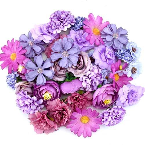 PORUPAEL 40 Stück Kunstblumen Blumenköpfe, Blumen zum Basteln mit 10 Stile, Künstliche Blumen Mini Seidenblumen, Künstliche Blütenköpfe für Kuchendekorationen Hochzeit Home DIY Scrapbooking (Lila)