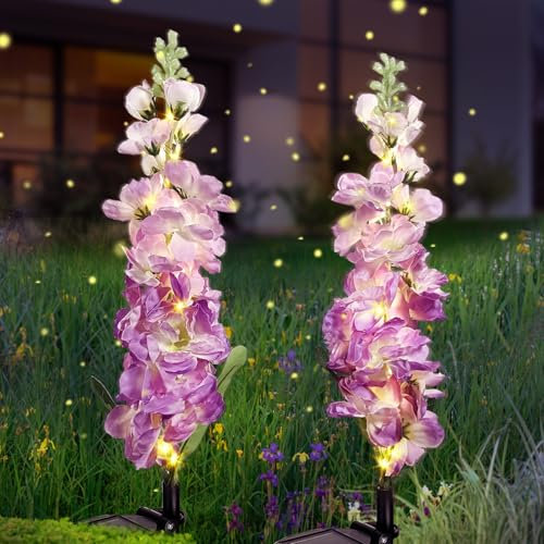 Solar Lights Outdoor, 2 Pack Upgraded Delphinium Solar Garden Lights,Waterproof Outdoor Light Solar Powered,Flower Garden Ornaments for Yard Lawn Patio Porch Pathway Cemetery Decorations (Purple)