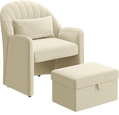 Yaheetech Velvet Tub Chair with Footrest, Modern Upholstered Armchair, Space-Saving Accent Barrel Reading Chair with Storage Lumbar Pillow for Living Room Bedroom