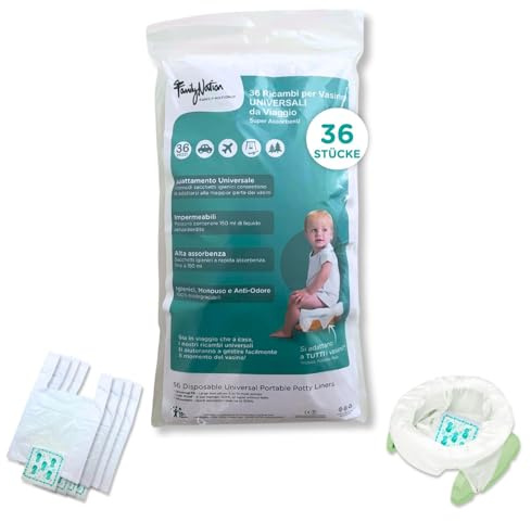 Family Nation, 36 Ersatzteile Tragbares Töpfchen für Kinder, Universelle und Superabsorbierende Einwegbeutel, Auch Geeignet für Potette Plus, Geruchsneutral und 100% Biologisch Abbaubar, 45,2x29,5 cm