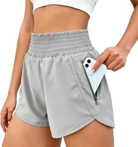 JiaYouLC Womens 2 in 1 Running Shorts with One Side Pockets Double Layer Quick Drying Lightweight Activewear Shorts for Workout Sport Training Jogging Gym (UK, Alpha, S, Regular, Regular, Grey)