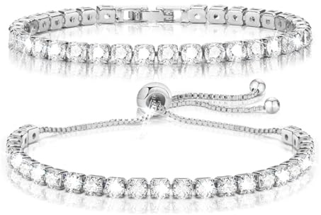 2 Stück Tennis Armband Damen, Armband Zirkonia, Glitzer Armband Damen, Verstellbare Armband Set, Silber