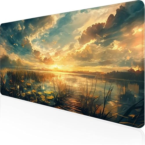 Orange Mauspad Sonnenuntergang (4) mauspad XXL mit Leder und Rutchfeste Wildleder Wasserfeste Gaming Tischunterlage, Vernähte Kanten Desk Mat Unterlage Büro/Home schreibunterlagen 900x400x3mm XY-753