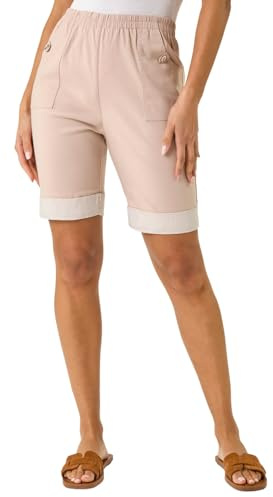 Roman Originals Bengaline Turn Up Stripe Stretch Shorts for Women UK - Ladies Everyday Holiday Spring Summer Comfy Soft Evening Vacation Work Party - Stone - Size 12