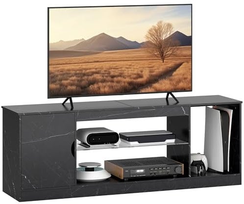 HOMCOM TV Stand Cabinet, Marble Effect TV Unit for up to 55 TVs with Glass Shelf and Storage Cabinet, Entertainment Unit for Living Room, Bedroom, Black