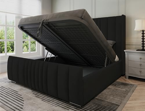 Furnishion Manhattan King Size Bed Frame with Storage, Modern Velvet Ottoman King Size Beds with storage, Luxury Panelled Frame with Metal Mesh Base & 48 Headboard, Storage Bed in Black Plush