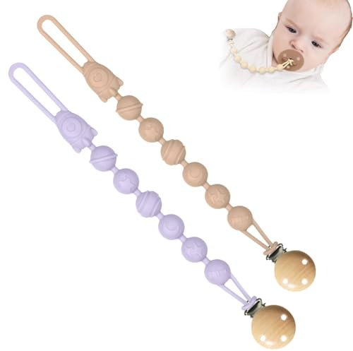 VNIDJGB 2Pcs Pacifier Clips,Safe Silicone Baby Dummy Clip,Cute Bibs Dummy Clip for Baby Boys Girls,One-Piece Soother Chains for Babies & Newborns Most Pacifiers and Teething Toys.(Coffee Color Purple)