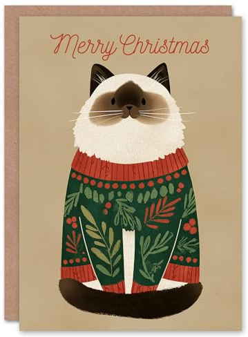 Artery8 Christmas Card Cute Brown Point Ragdoll Cat in Festive Sweater