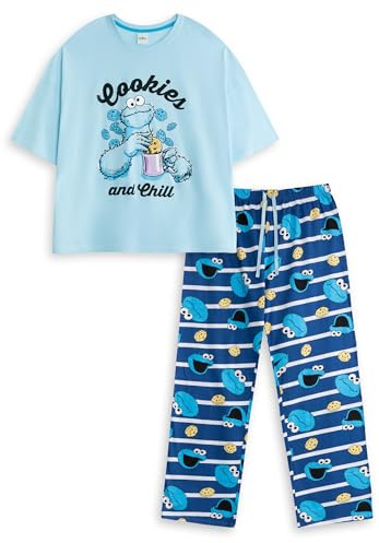 Vanilla Underground Sesamstraße Krümelmonster Damen-Pyjama-Set, blau, kurzärmlig, langbeinig | „Cookies and Chill“-Cartoon-Aufdruck | Lustige Nachtwäsche & Loungewear | Sesamstraßen-Merch