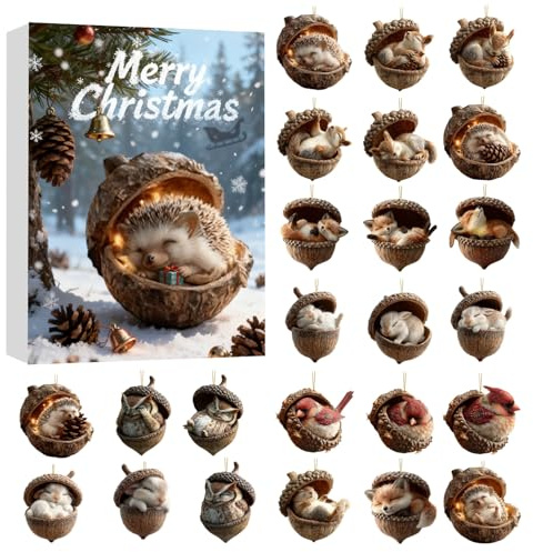 Wald Tier Adventskalender 2025, Wald Tier Adventskalender mit 24 Stück 2D Flach Acryl Tiere Ornamente Weihnachten Countdown Kalender für Baum Eingang Tür Treppe Kamin