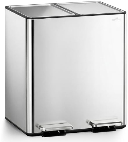 mVm Kitchen Bin,30L Dual Rubbish Bin,2 x 15L Stainless Steel Pedal Bin,Double Recycling Bin with Soft-Close Lids and Plastic Inner Buckets,Fingerprint Proof,Odour Seal,Large Capacity Trash Can