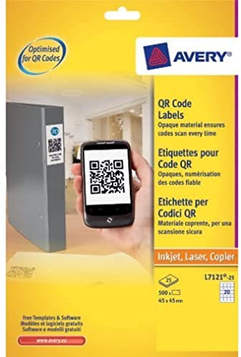 Avery Dennison L7121-25 QR-Code-Etiketten, quadratisch, blickdicht, Weiß, 20 Etiketten pro Blatt, 500 Etiketten 45 x 45 mm