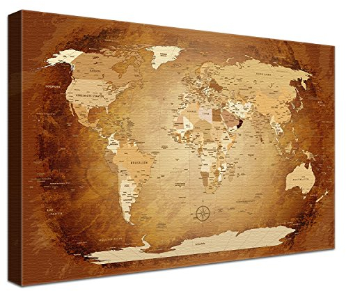LanaKK – Weltkarte Luxus Ausführung – „Worldmap Braun Colorful” - deutsch - Kunstdruck-Pinnwand auf 4cm Echtholz-Keilrahmen – Globus in braun, einteilig & fertig gerahmt in 100x70cm