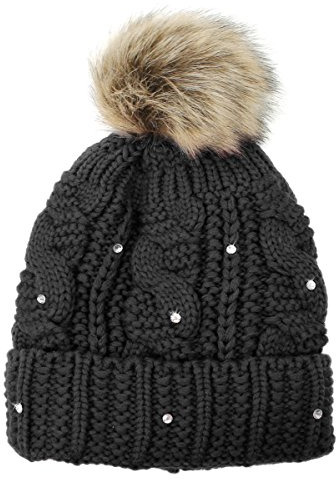 dy_mode Gefütterte Bommel Strickmütze Mütze mit Kunstfell Bommel Skimütze mit Glitzer - WM021 (WM021-Schwarz)