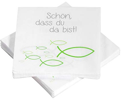 20 Servietten Fische Ichthys 'Schön, DASS du da bist!' 33x33 cm - grün - für Kommunion, Taufe oder andere Festliche Anlässe