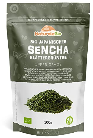 NaturaleBio Organic Japanese Sencha Green Tea - Upper Grade - 100g Loose Leaf. 100% Bio, Natural and Pure. First harvest Leaves cultivated in Japan