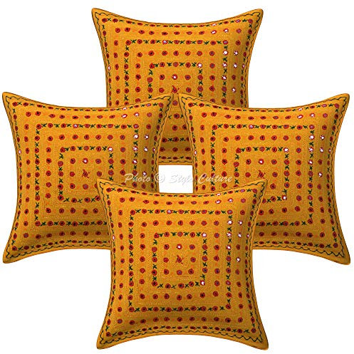 Stylo Culture Indio Fundas De Cojines Decorativos 40x40 cm Algodón Geométrico Fundas Almohadones Sofa Amarillo Mango Encaje De Espejo Bordado Cuadrado sobre Fundas para Cojines De Cama - 4 Pcs