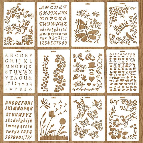 Lot de 12 pochoirs de peinture en plastique pour travaux manuels, pyrogravure réutilisables, pour bricolage