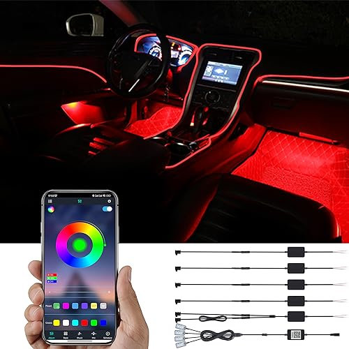 TABEN Kit d'éclairage ambiant de Voiture, 8 mètres de Fibre Optique intégrée, Kits d'éclairage d'ambiance de Pied Multicolore, Rythme de synchronisation de la Musique, contrôle APP Bluetooth, 12V-24V