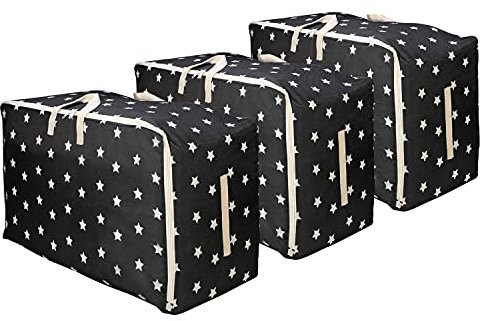 Vinsani 3pcs Clothes Storage Bags Organizer Large Capacity 105L Double Zipper, Moisture-Proof Underbed Storage Perfect Space for Clothes, Toys, Beddings, Blankets and Duvet – Black Star