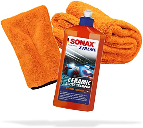 detailmate Auto Wasch- und Trockenset | SONAX Xtreme Ceramic Active Shampoo 500ml Autoshampoo + Mikrofaser Präzisionshandschuh + Nuke Guys Gamma Dryer XXL Trockentuch für die optimale Handwäsche