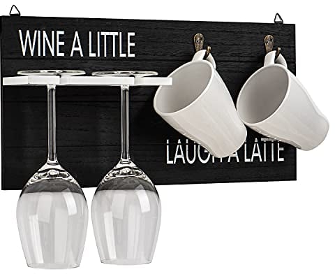 WICKED GIZMOS Coffee Mug and Wine Glass Holder 'Wine A Little Laugh A Latte' Wooden Wall Mounted Rack Gift for Kitchen Office Canteen Home Bar Tea cups Stand Accessory Birthdays Anniversaries