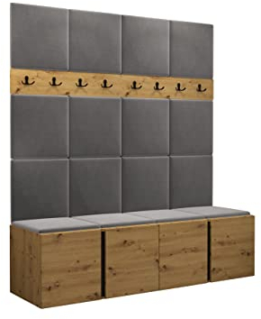 Mirjan24 Garderoben-Set Monati V, 4X Schuhschrank + Kleiderhakenbrett und Gepolstertes Paneel/Wandpaneel, Kleiderhaken, Flurgarderobe, Wandgarderobe (Eiche Artisan/Schwarz, Manila 16)