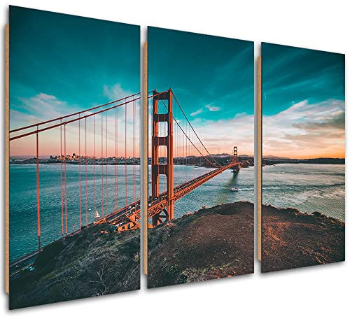 Feeby 3-teilig Wandbild 90x60 cm Westküste San Francisco Golden Gate Bridge Leinwandbild Design Kunstdruck Zimmerdeko Bilderwand Fluss Abend Felsen Blau
