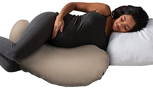 Boppy Cuddle Pregnancy Pillow with Removable Organic Cotton Cover - Compact Ergonomic Maternity Pillow, Versatile Support, Great Side Sleeper Pillow, Washable, with Cooling Rayon Cover - Biscuit
