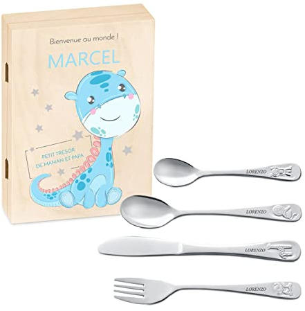 Maverton Set de couverts enfant personnalisé pour garçon - Coutellerie et coffret imprimé - Cadeau Enfant Thème Animal - Cadeau naissance garcon - Cadeau Personnalisé bébé - Couverts gravés