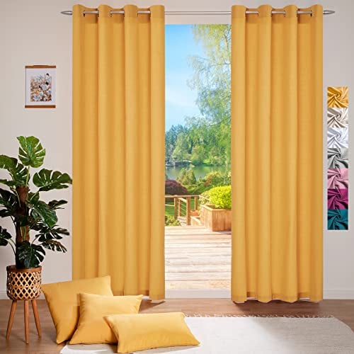 heimtexland ® Deko Vorhang Baumwolle Dekoschal Blickdicht Einfarbig Ösenschal Gardine Typ849 Gelb HxB 245x140 cm