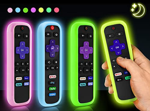 ONEBOM （4 Pack） Cover for Roku Remote, Cover for Hisense/TCL Roku TV Steaming Stick/Express Universal Replacement Controller Silicone Sleeve Skin Glow in The Dark （Green Pink Blue Yellow）