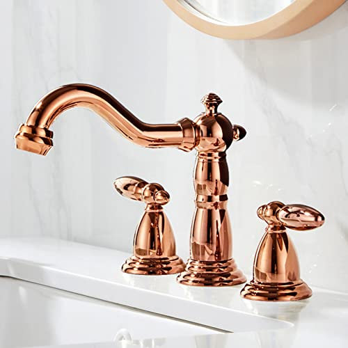 Rubinetteria Bagno 3 Fori, Miscelatore Lavabo Bagno 3 Fori Ottone Rubinetto Lavabo Acqua Fredda e Calda Rubinetto Bagno-Oro Rosa