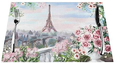 Partyunix Platzdeckchen – hitzebeständig, waschbar und leicht zu reinigen, Esstisch, Paris, Eiffelturm mit Blumendrucken, 6 Stück, 45,7 x 30,5 cm