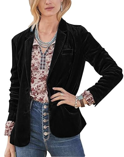 MINTLIMIT Women Casual Velvet Blazer Jacket Long Sleeve V Neck Button Down Velvet Blazer Jackets with Pockets, 2XL, Black