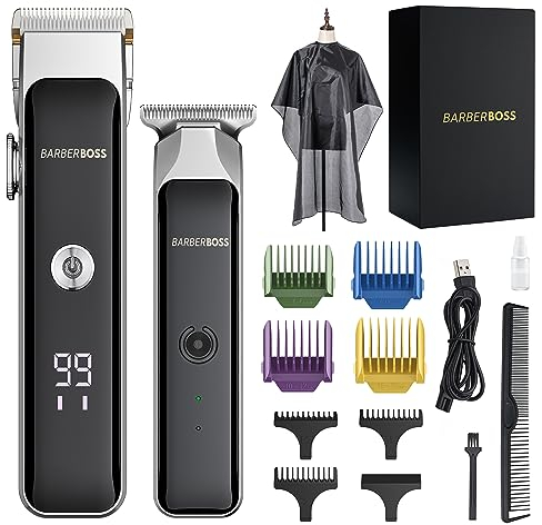 BarberBoss Tragbarer Bart- & Haarschneider, Gesichtshaarschneider für Männer mit Keramikklinge, Präzisions-Zifferblatt, Führungskämme, USB-Aufladung, Rot/Grün Anzeige, QR-2682