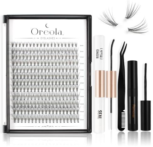 Oreola Einzelne Wimpern Set DIY Wimpernverlängerungen, 228PCS 20D Einzelwimpern mit Bond and Seal Natural 0,07C 8–15 mm Wimpernbüschel mit Entferner, Applikator, Wiederverwendbare künstliche Wimpern