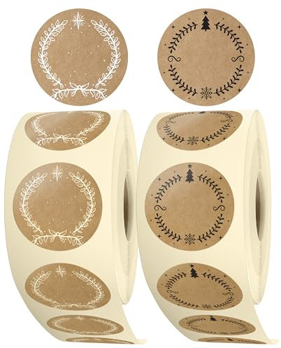 colortouch Aufkleber zum Beschriften Weihnachten - 1000 St Beschriftbar Kraftpapier Optik Geschenkaufkleber - 35 mm Rund Rolle Vintage Weihnachtsdeko für Verpackung, Geschenke - Sterne, Tannenbaum