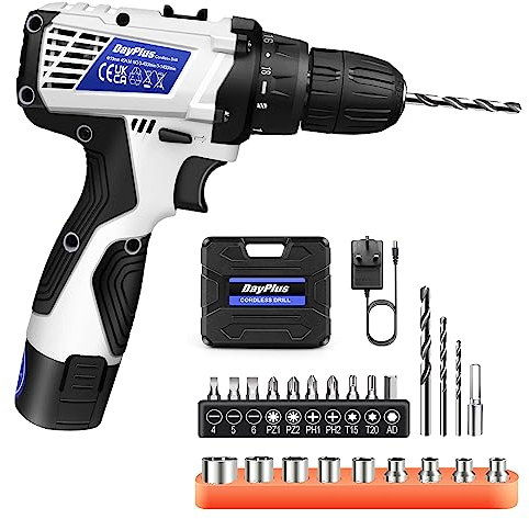 Akkuschrauber, 12V Akku Bohrschrauber Set mit Akku 1300mAh, Akkubohrer 40Nm Drehmoment, 18+1 Drehmomentstufen, 10mm Bohrfutter, 2-Gang, LED-Licht, 23tlg Zubehör und Koffer, für Frau