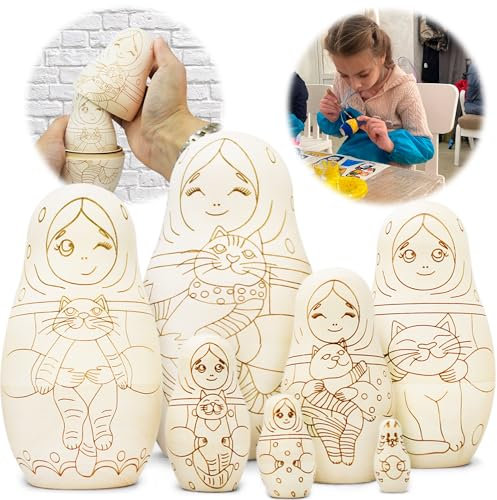 AEVVV Set 7 pcs Unfinished Nesting Dolls Blank for Arts and Crafts, DIY Projects - Wooden Crafts to Paint Your Own Matryoshka - Blank Russian Nesting Dolls
