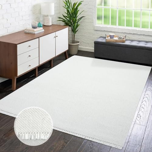 carpet city Teppich Kurzflor Wohnzimmer - Weiß - 140x200 cm - Teppiche Fransen Boho-Style - Einfarbig - Schlafzimmer, Esszimmer