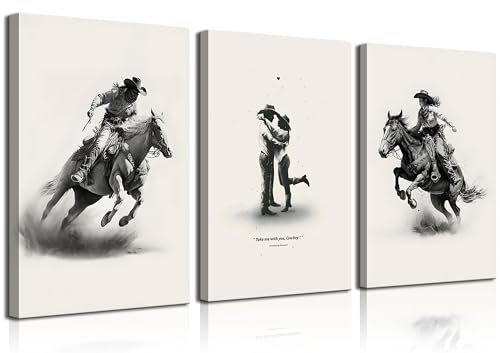 Leinwandbild, Motiv: Cowboy und Cowgirl, gerahmt, Western-Stil, eklektisch, Wanddekoration, Bilder, Wilder Westen, Rodeo-Gemälde von westlichen und südwestlichen Dekorliebhabern, fertig zum Aufhängen,