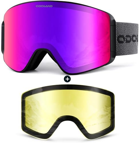 Odoland Skibrille für Damen und Herren Jungen Ski Goggles Anti-Fog UV-Schutz mit Magnetische Wechselglas Snowboardbrille Helmkompatible zum Snowboard Skifahren Lila