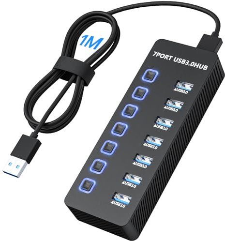 Likorlove USB Hub 3.0 mit 7 Ports und 100 cm Kabel – USB Verteiler mit Einzelschalter, Plug & Play, kompatibel mit PC, MacBook, Laptop, PS4