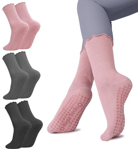 Utensilsto 3 Paar Yoga Socken Damen Rüschensocken Stoppersocken 36-41 Pilates Socken Damen Griffsocken für Frauen Mädchen Yoga Zuhause Reha Dance Workout