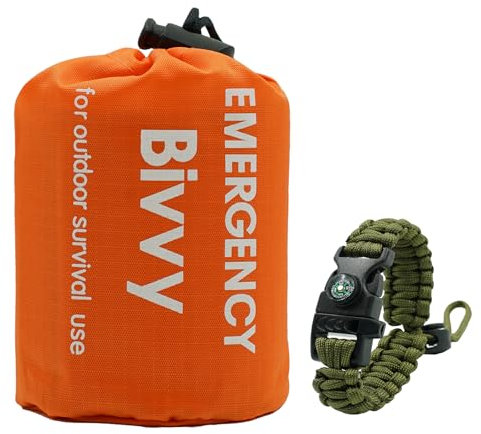 RLXMARTD 1 Pcs Emergency Sleeping Bag,Bivy Bags and Emergency Survival Bracelet Suit,with Compass, Whistle and Umbrella Rope. Suitable for emergency survival, outdoor hiking, camping