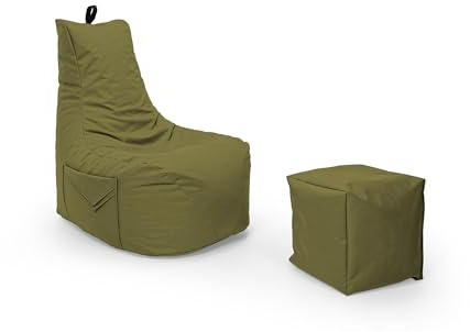 Nadimaideal Gamer Sitzsack Komfort XL - XXL für Kinder, Teenager & Erwachsene | Indoor & Outdoor | Sitzsack Gaming | Füllung EPS Perlen (Khaki, Sitzsack XL mit Hocker)