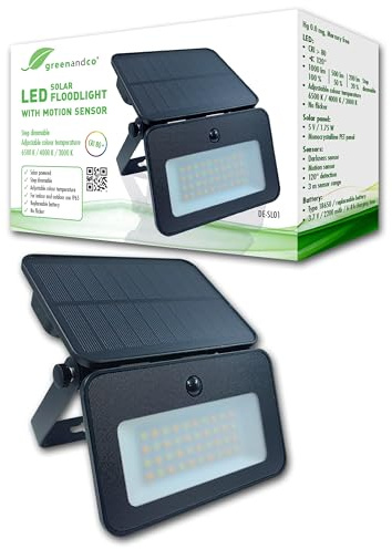 greenandco 2x LED Solar-Flutlichtstrahler mit Bewegungsmelder | 1000 Lumen | dimmbar in 3 Stufen | Lichtfarbe einstellbar 6500/4000/3000 K | IP65 | für Außenbereich geeignet | Wand Strahler