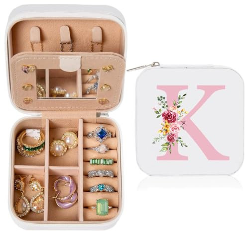 Kleine Schmuckkästchen für Damen, Tragbarer Reise Schmuckbox, PU Leder Mini Schmuckaufbewahrung für Ohrringe, Ringe, Halsketten, Hochzeit Geburtstag Geschenk für Frauen Mädchen, weiß(K)