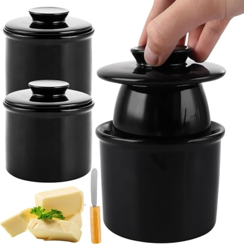 LDHHYH 2 Pack Ceramic Butter Crock, Butter Keeper with Knife for Soft Butter, French Butter Crock with Lid for Spreadable Butter, Black(9.3x9.3x9.5cm)
